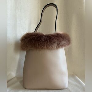Cream Structured Small Top Handle Bucket Bag with Faux Fur Trim